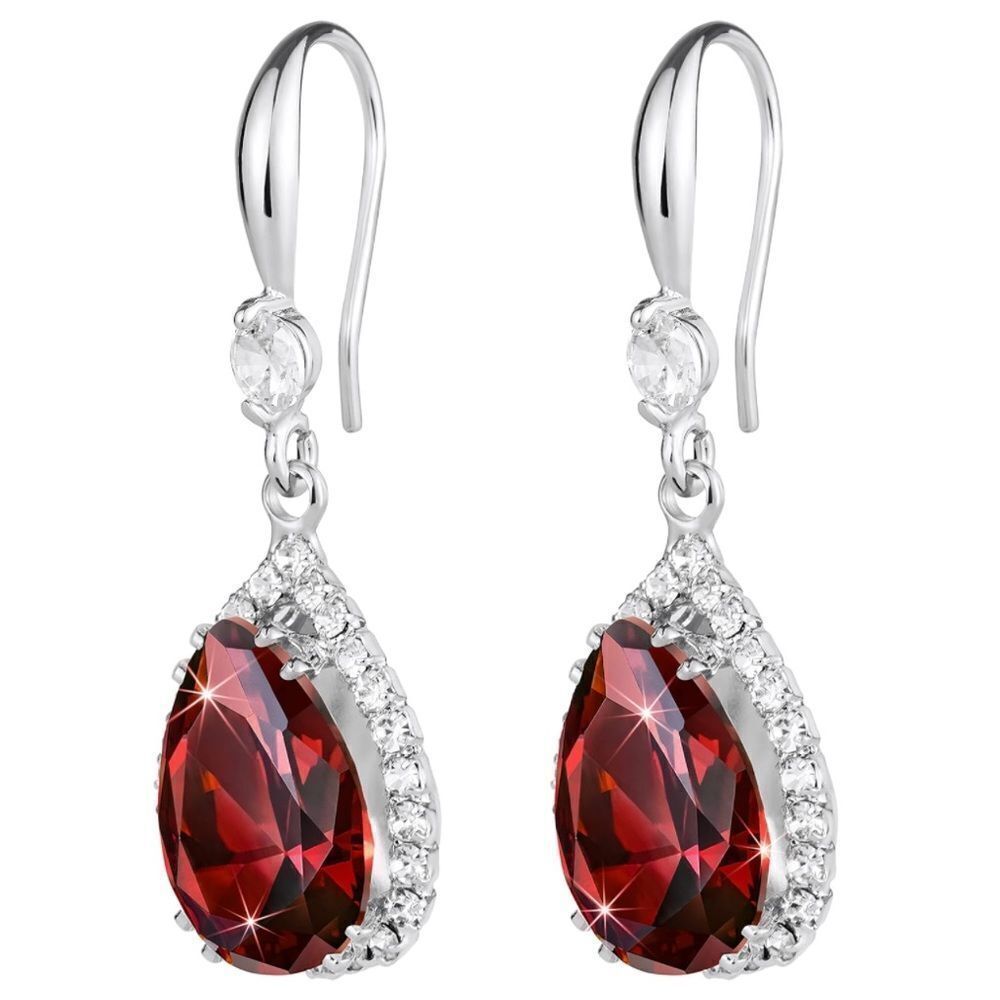 14K White Gold with Red Garnet Cubic Zirconia Teardrop Hook Dangling Earrings - Picture 2 of 5